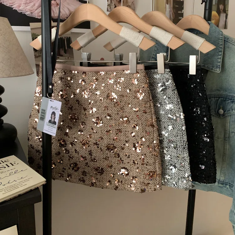 金色亮片小众别致半身裙女装冬季小个子高腰小香风短款裙子短裙