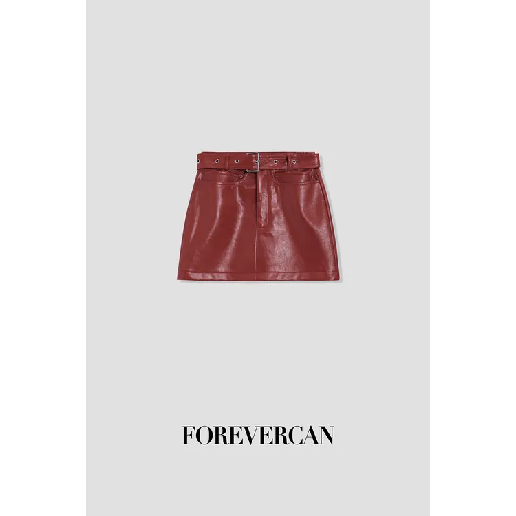 FOREVERCAN“惊鸿一瞥”搭配单品高熟番茄红高腰i半身皮裙SD20251
