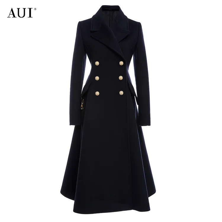 aui黑色赫本风大衣中长款毛呢外套女秋冬西装羊毛大衣22K091533