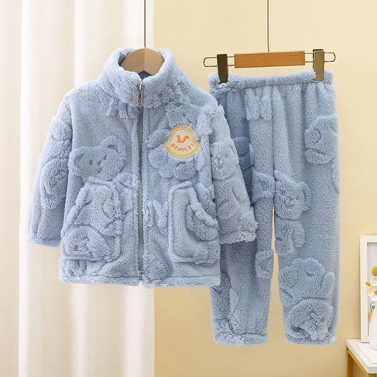 2024秋季儿童法兰绒睡衣冬季宝宝珊瑚绒长袖男女童外穿家居服套装