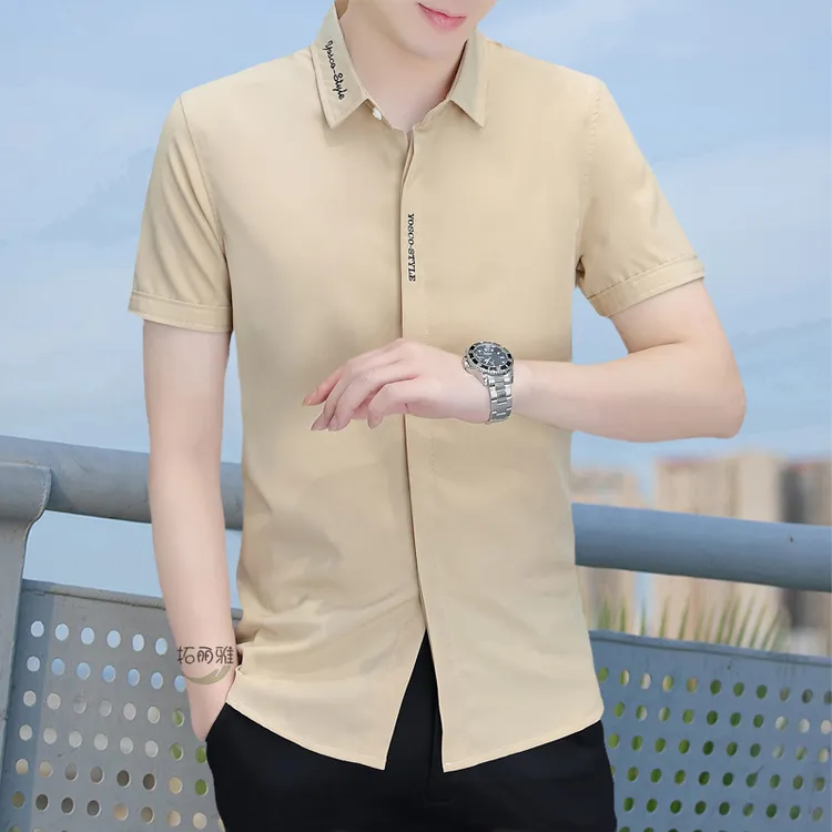 拓丽雅男士时尚夏季翻领休闲衬衫帅气修身薄款韩版短袖纯色衬衣