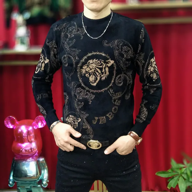 男士冬季新款针织时尚提花烫钻修身百搭潮流高弹保暖毛衣不起球