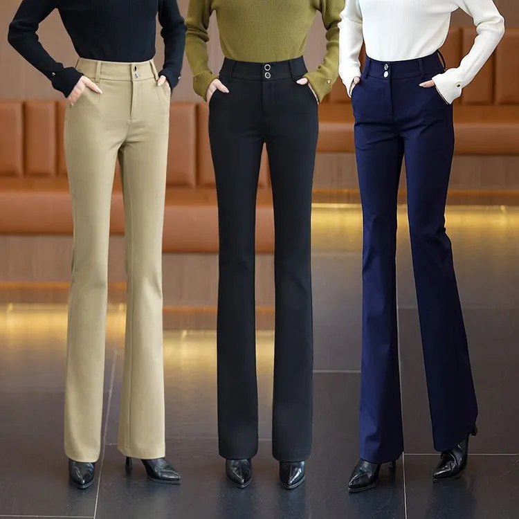 艾格2024春秋修身弹力百搭显瘦休闲女士黑色垂感微喇裤高腰