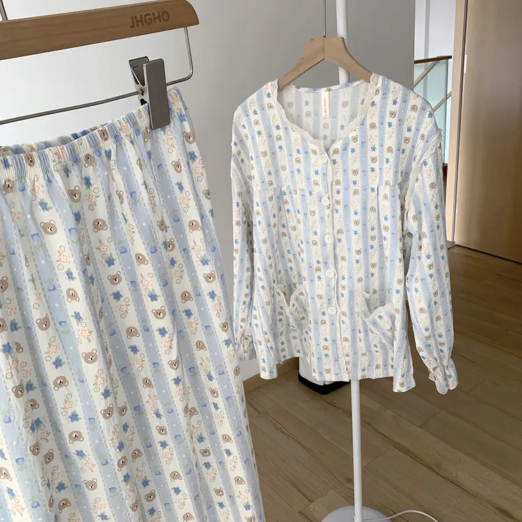 睡衣女秋季长袖长裤韩版休闲可爱小熊印花家居服舒适两件套装春夏