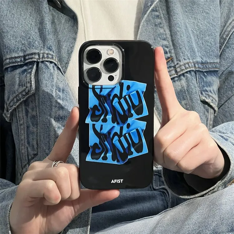 蓝色胶带原创ins风适用苹果14promax手机壳iphone13亮黑色高级11