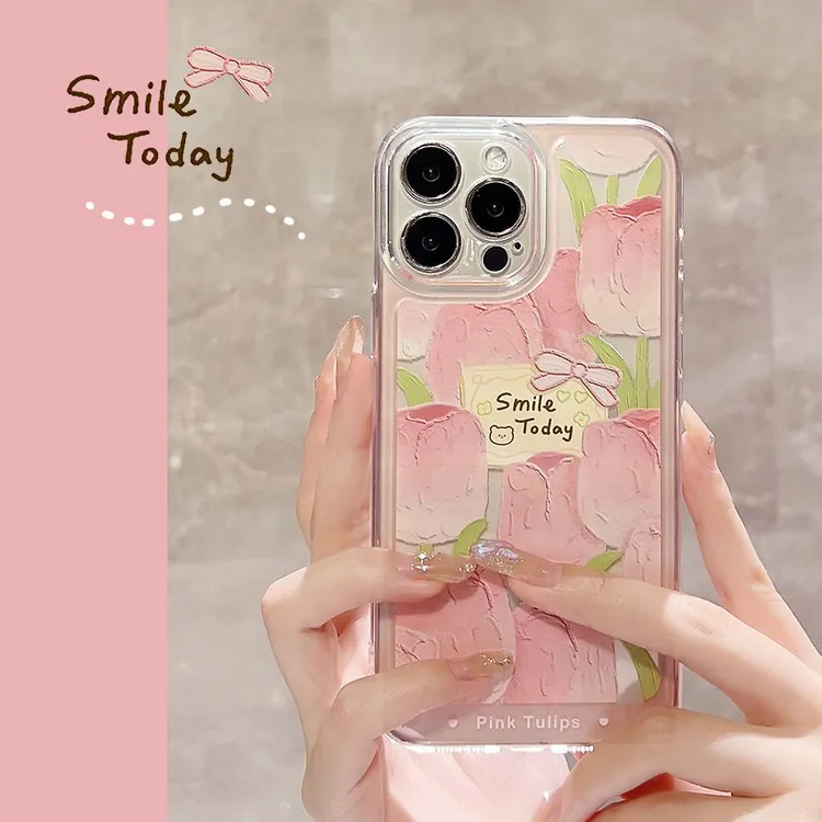适用苹果14promax油画郁金香手机壳iPhone12新款全包防摔xr女手机