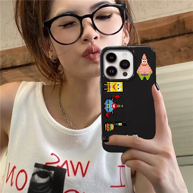 网红款海绵宝宝适用苹果x亮黑色手机壳小众13pro防摔16卡通14外壳