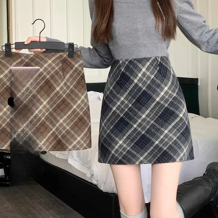 复古高腰毛呢半身裙女秋冬季梨形身材包臀裙胖MM遮肚显瘦短裙子