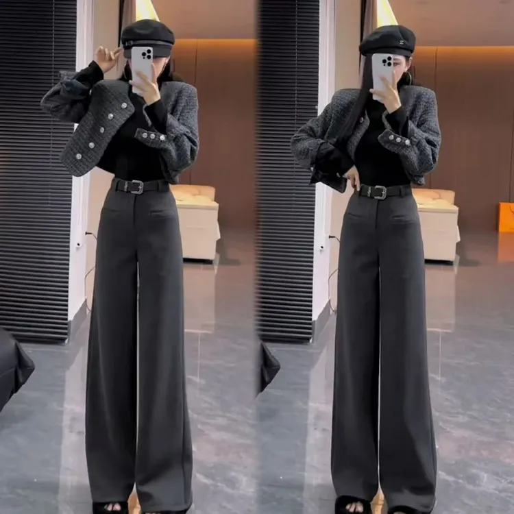 高腰显瘦加绒直筒裤2025冬季新款百搭休闲西装阔腿裤垂感拖地裤子