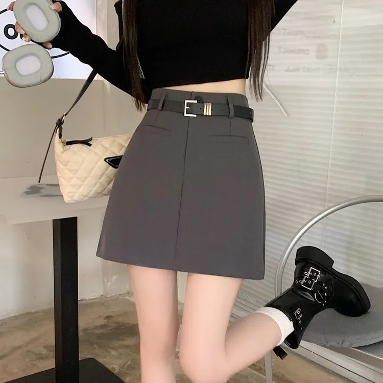 送腰带灰色高腰短裙西装裙女春夏季百搭显瘦半身裙A字黑色防走光