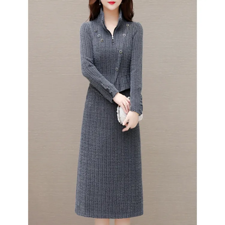 2024年秋冬连衣裙女假两件拼接优雅中长款长袖配围巾小个子裙子潮