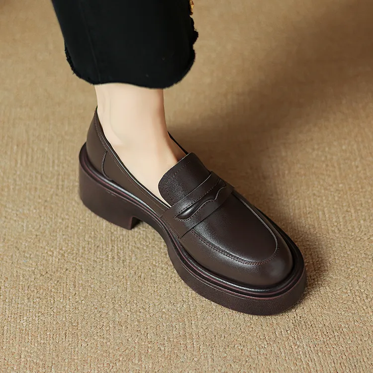 5cm牛皮2024春秋新款复古百搭软底英伦风圆头粗跟学院风单鞋女