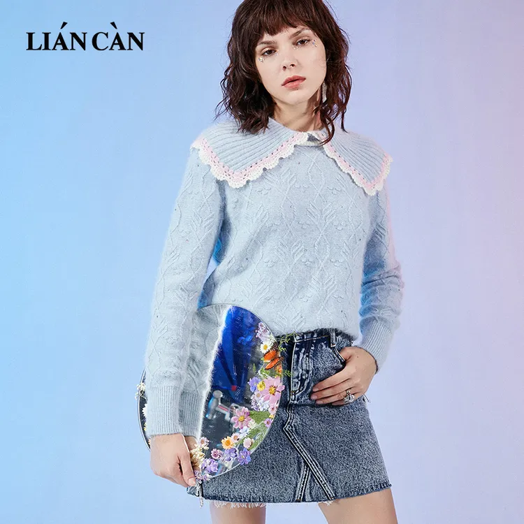 莲灿2022年甜美少女感娃娃领收腰减龄短款合体毛衣 7121434001
