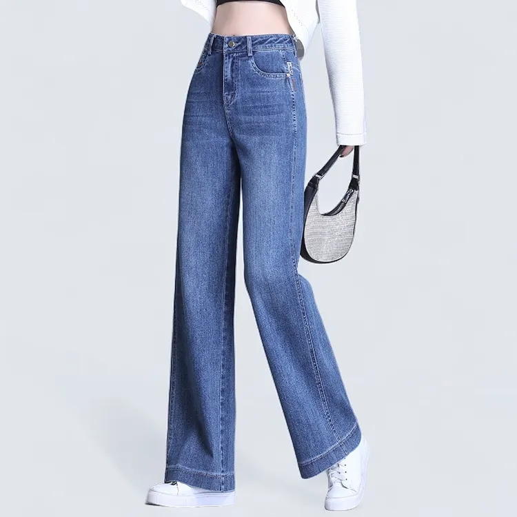 2025正品春夏薄款高端阔腿女士牛仔裤时尚高腰宽松直筒新款牛仔裤