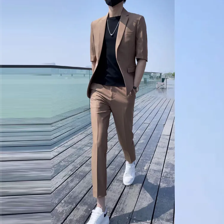 夏季痞帅七分袖西服男薄款中袖西服男韩版修身商务休闲帅气西装男