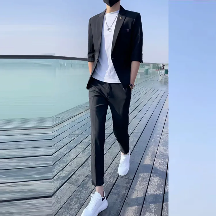 夏季痞帅七分袖西服男潮流休闲小西服薄款男士西装韩版修身帅气