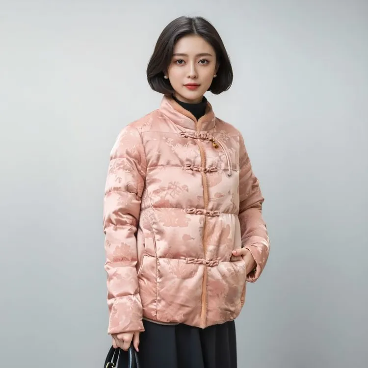 奕涵淏956女新冬羽绒服立领新中式提花中国结流苏宽松短款毛边