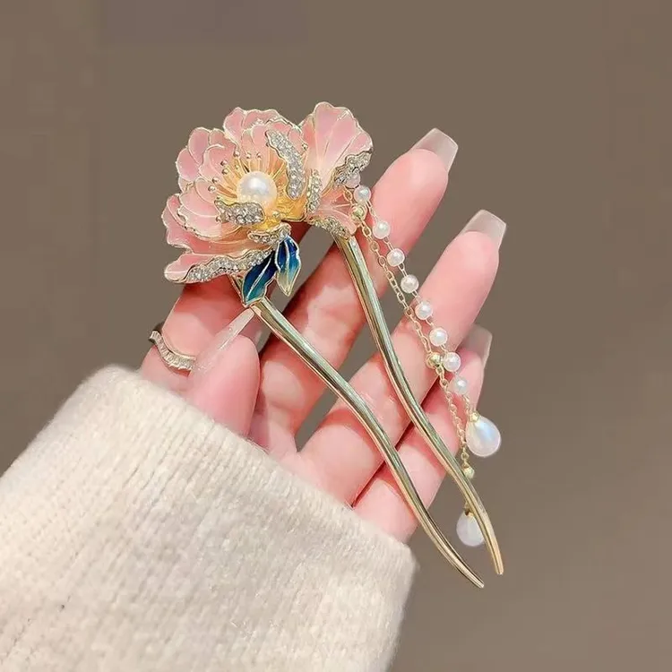 国风高档牡丹花发簪女新款步摇流苏盘发簪子U型发卡新中式发钗子