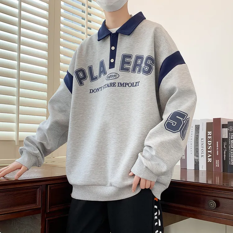 春秋季青少年初高中学生百搭休闲套头运动卫衣印花翻领潮流男上衣