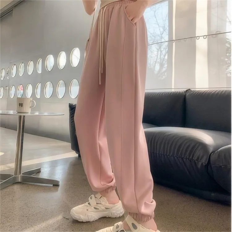 新款粉色束脚裤运动卫裤2023春秋爆款潮牌宽松小个子运动裤女款