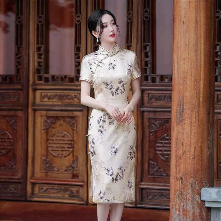 C02-改良高档真丝旗袍夏2025新款中国风桑蚕丝优雅气质显瘦中长款