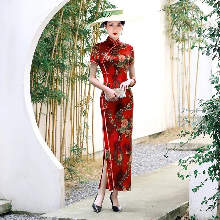 A10-高端2024新款真丝旗袍喜婆婆中国风重磅桑蚕丝年会气质红色