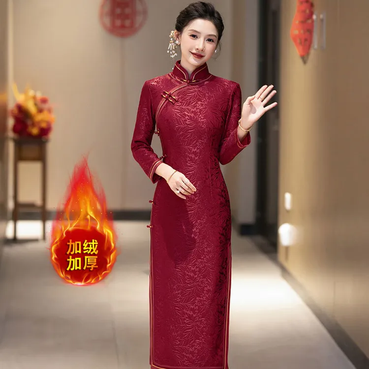 C30长袖蕾丝旗袍冬季2024新款加绒加厚高端喜婆婆喜妈妈婚宴礼服