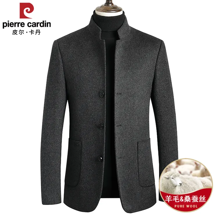 皮尔卡丹羊毛中山装男立领夹克桑蚕丝西服爸爸秋冬季中式毛呢外套
