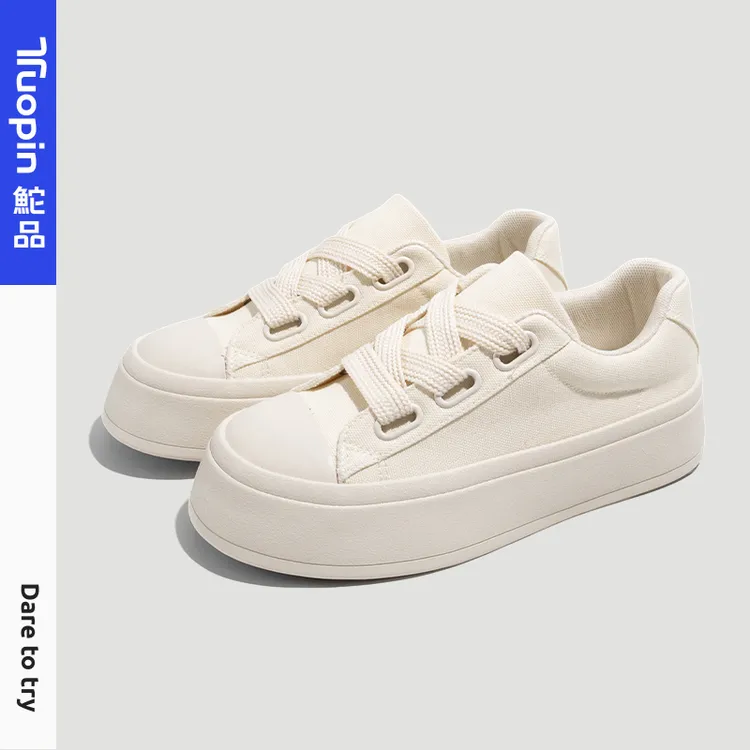 鮀品2025秋冬新款小白鞋女士厚底增高帆布鞋运动时尚白色百搭板鞋