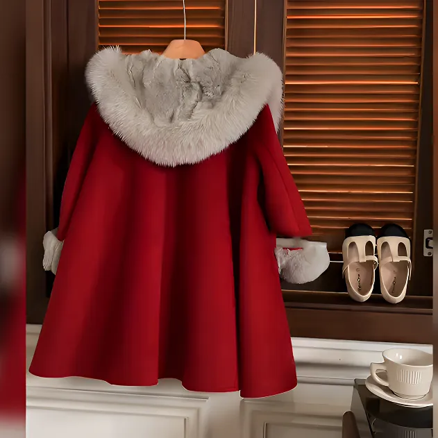 女童加绒呢子大衣秋冬装2025新款儿童拜年服女孩新年加厚外套洋气