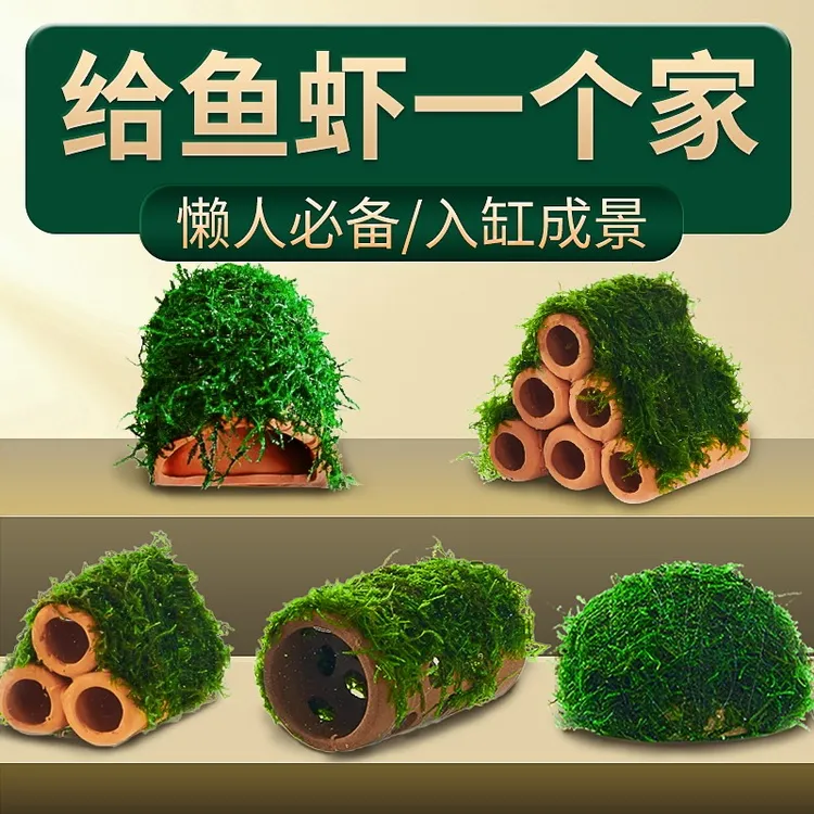 躲避屋鱼缸造景莫斯水草真植物懒人摆件陶罐鱼虾躲避洞繁殖罐虾屋