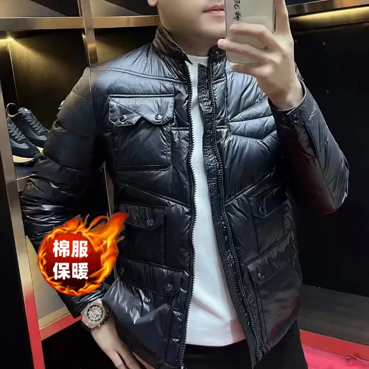 冬季新款男士多口袋棉服保暖外套修身时尚纯色立领夹克男装9621