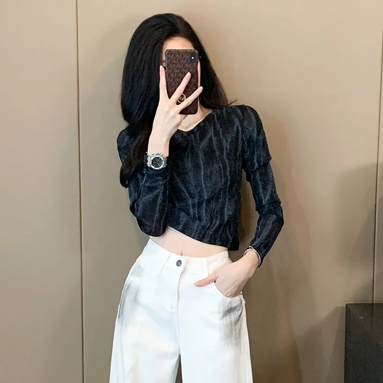 时尚洋气条纹网纱打底衫女春秋季内搭小衫长袖t恤修身短款上衣女