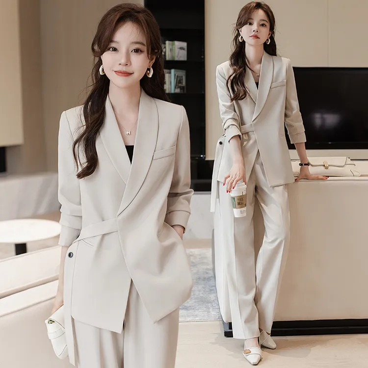 米白西装套装女高端春秋气质女神范高级感职业装西服阔腿裤两件套