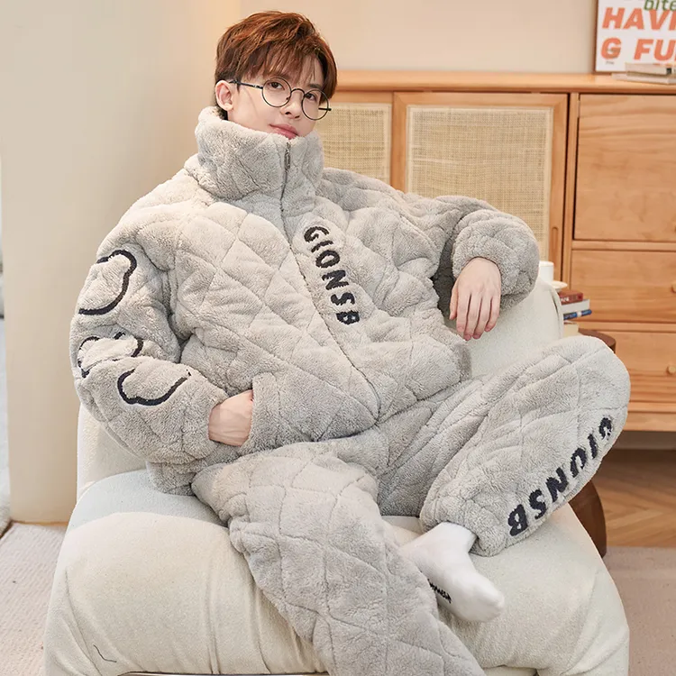 男士睡衣冬季珊瑚绒三层夹棉加厚加绒男款青少年2025年新款家居服