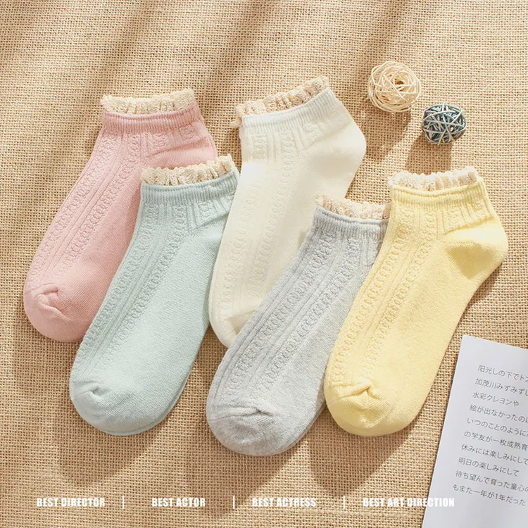 糖果色短袜女士蕾丝花边甜美日系春夏短筒网红透气吸汗棉袜子ins