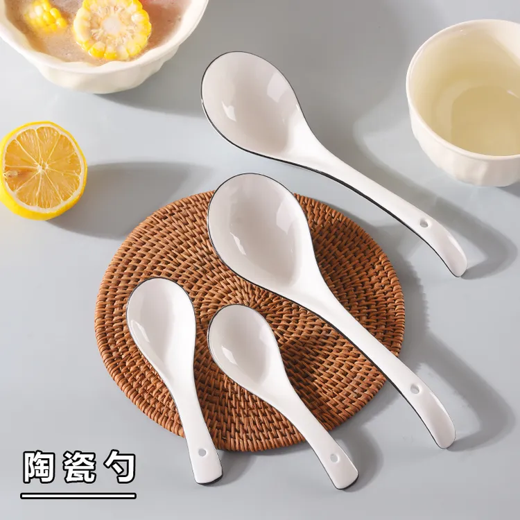 陶瓷勺家用儿童吃饭喝汤小汤匙长柄大汤勺饭勺餐厅商用餐具调羹