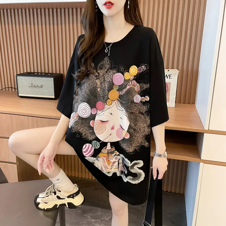 夏季宽松大码短袖T恤女2024新款爆款时尚洋气设计感卡通印花上衣