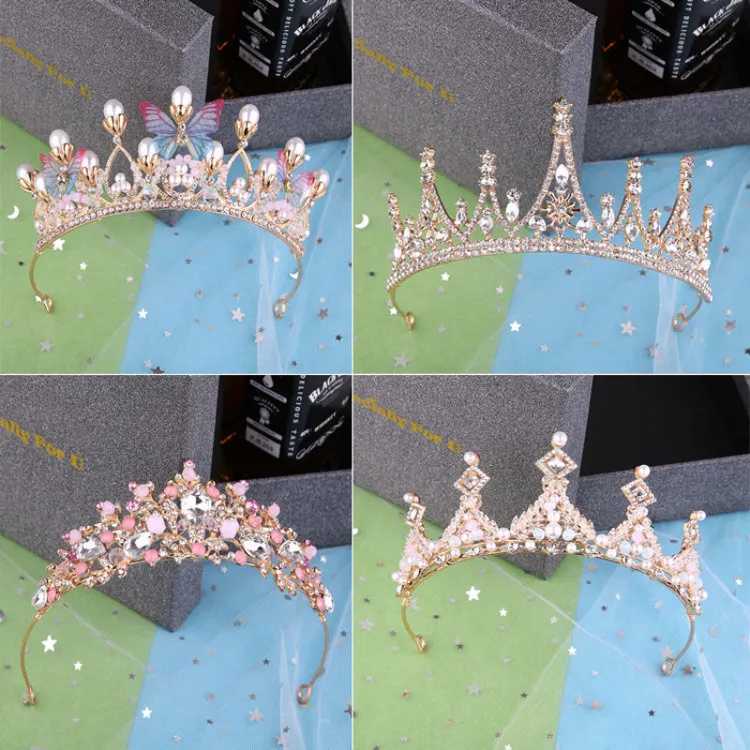儿童皇冠头饰公主结婚女童配饰生日走秀水晶王冠钢琴演出模特发饰