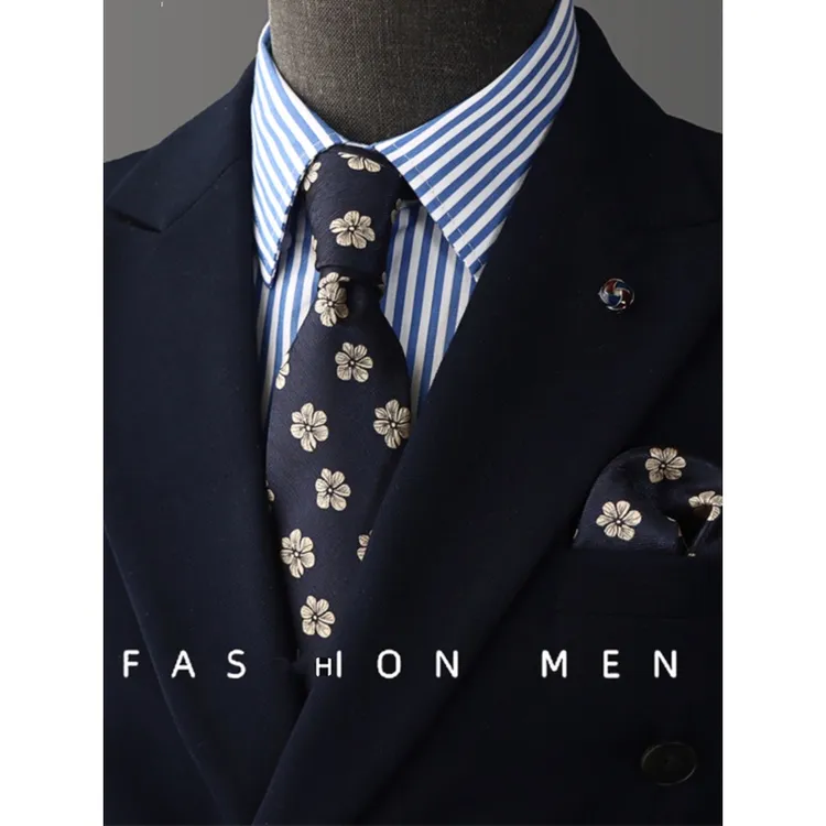 复古手打领带男英伦8CM正装商务职业休闲蓝色花纹婚礼新郎高级感