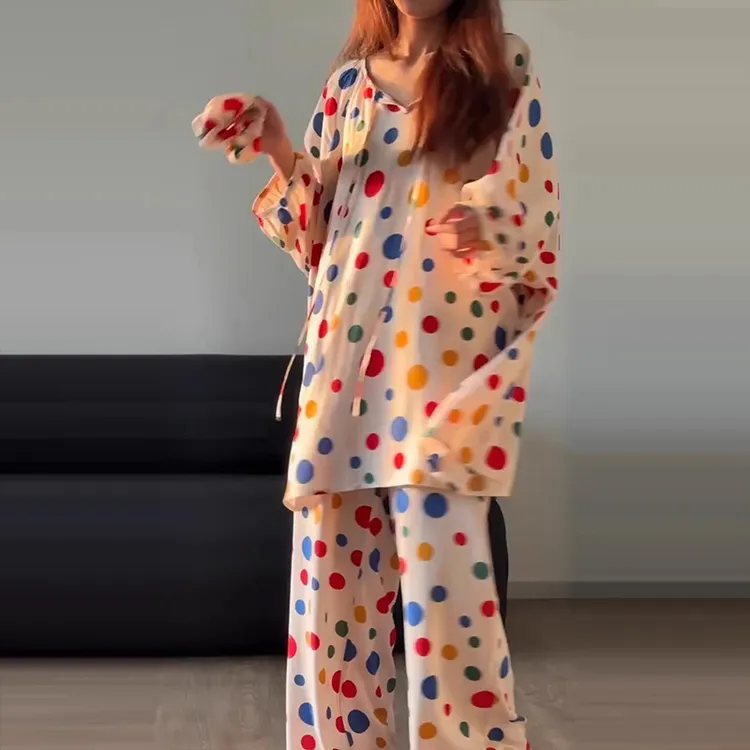 睡衣女春秋波点套头圆领长袖长裤可外穿家居服套装网红款宽松睡衣