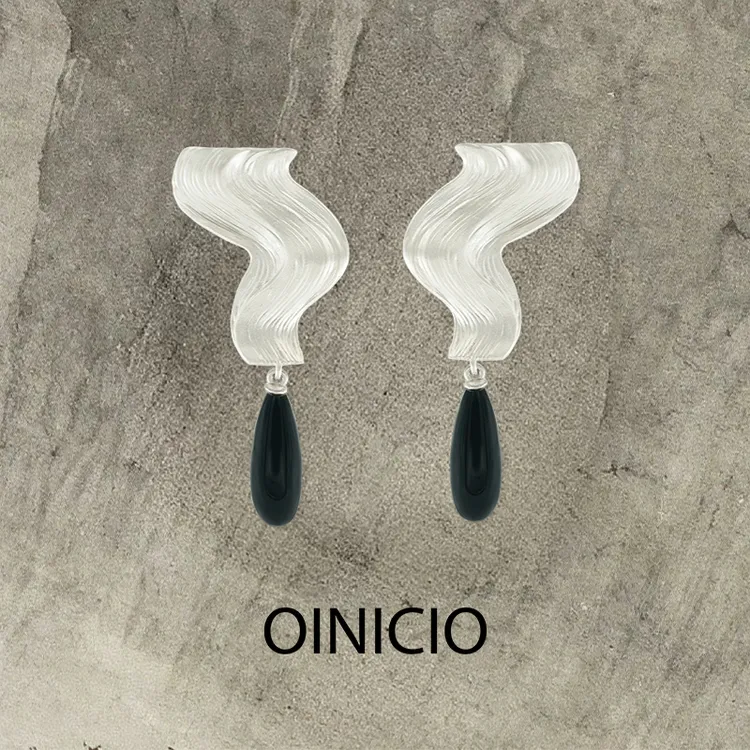 OINICIO初印月震系列水波纹黑石英水滴耳环新中式气质耳饰