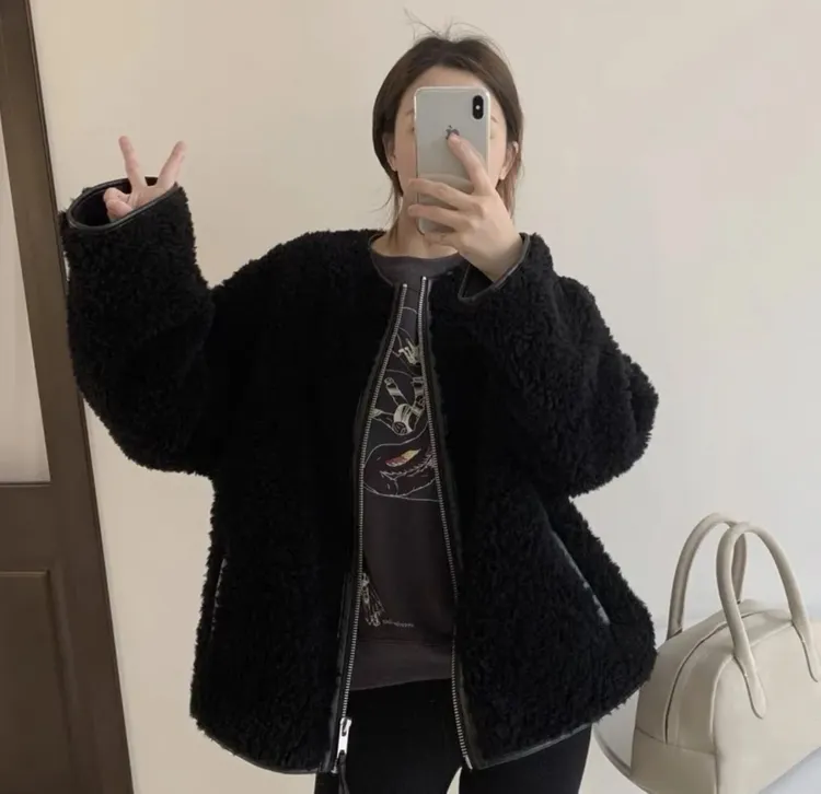 全羊毛、皮包边外套
