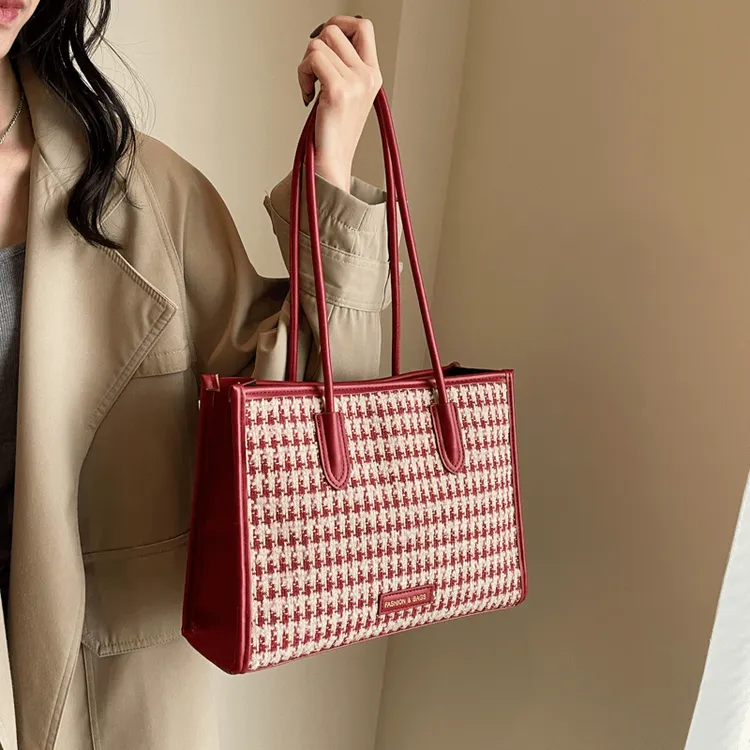 2024秋冬新款红色婚包千鸟格高级感大容量单肩托特包新娘结婚格子