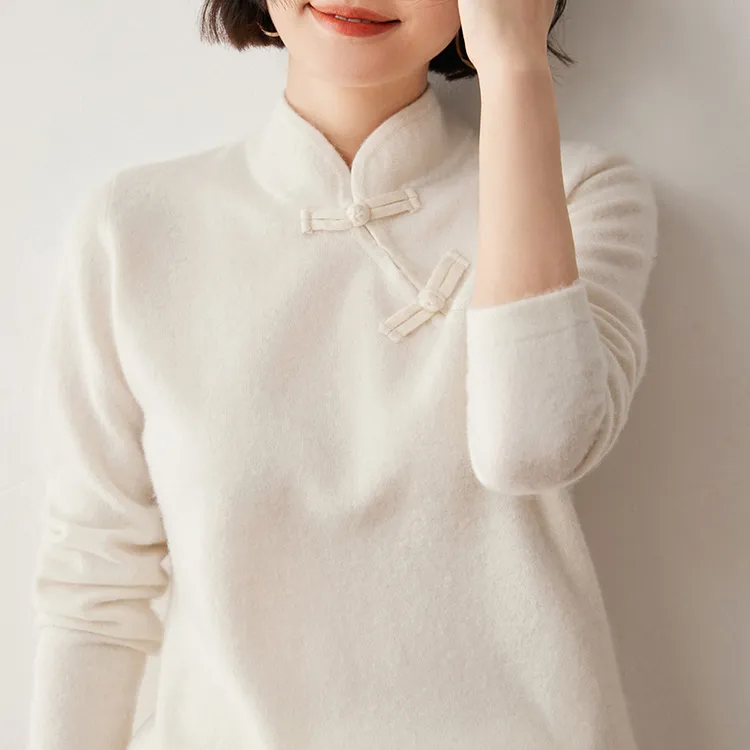 红色立领复古毛衣百搭宽松羊绒衫女士新中式针织打底衫气质羊毛衫