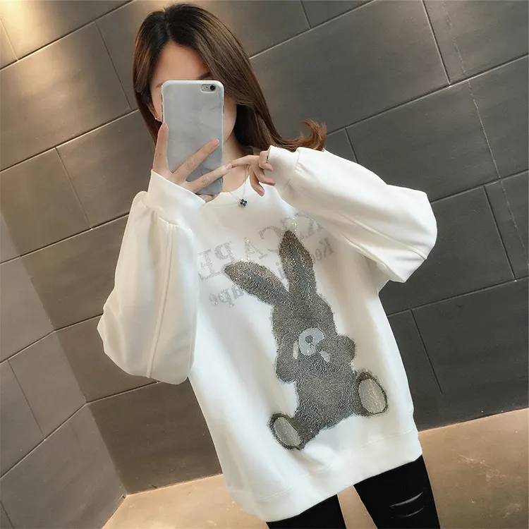 圆领时尚韩版烫钻加厚长袖春秋百搭卫衣女通勤设计感薄款加绒宽松