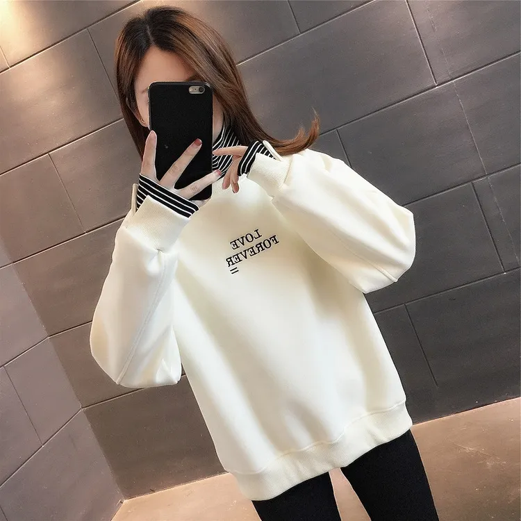 白色圆领卫衣女套头加绒加厚韩版外套2024秋冬季新款时尚洋气上衣