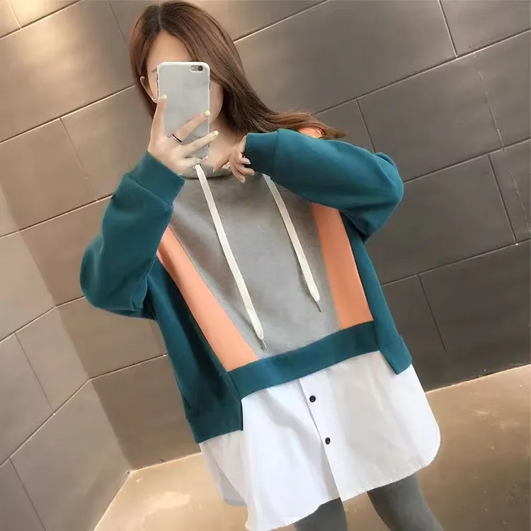 早秋装假两件中长款卫衣女连帽2025新款拼接春秋薄款宽松大码上衣