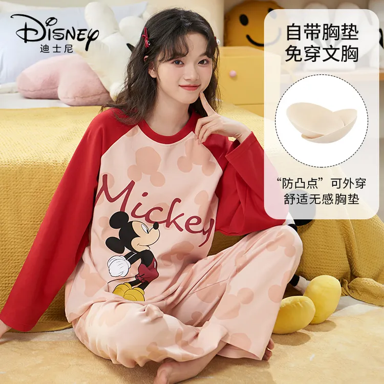 Disney/迪士尼春秋套头长袖睡衣带胸垫外穿休闲纯棉家居服0078
