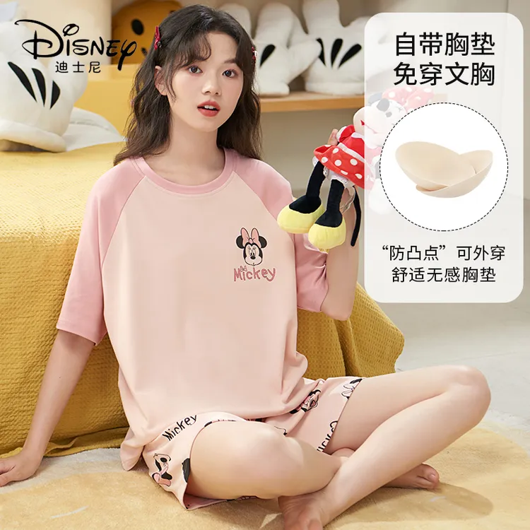 Disney/迪士尼夏季新款套头短袖短裤睡衣带胸垫舒适家居服0041